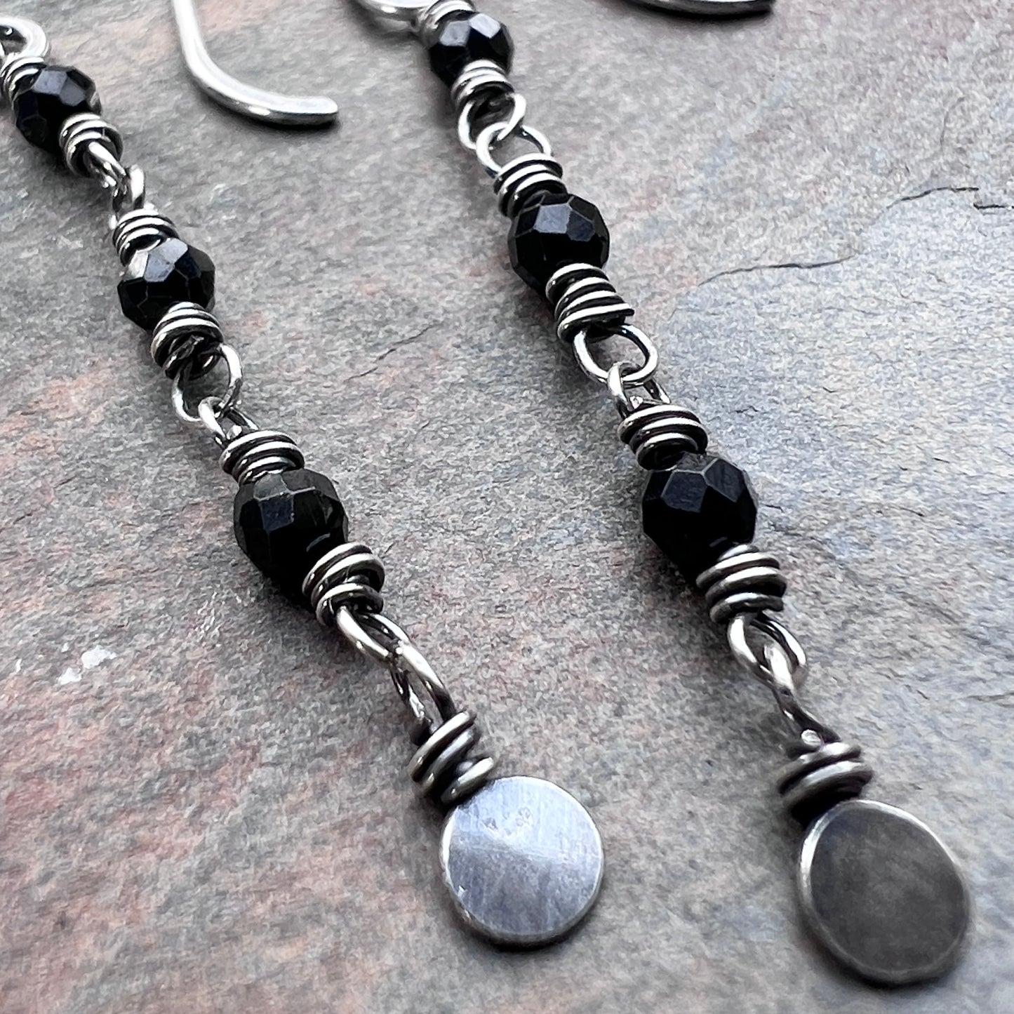 Sterling Silver Black Spinel Earrings | Beaded Stone Long Dangles