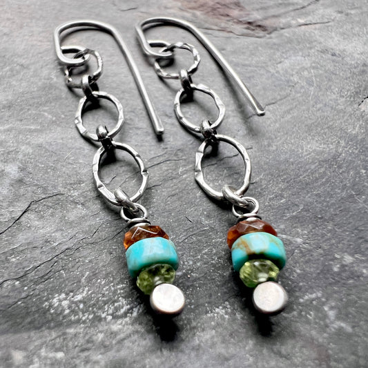 Peridot, Turquoise, Garnet, and Sterling Silver Lightweight Dangle Earrings