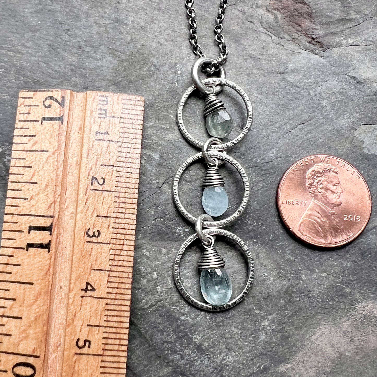 Genuine Aquamarine Sterling Silver Necklace | Aquamarine Stones in Hammered Rings Pendant