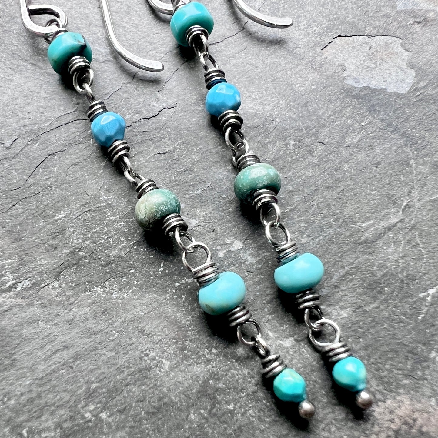 Genuine Turquoise Sterling Silver Earrings | Mixed Natural Stone Long Dangle Earrings