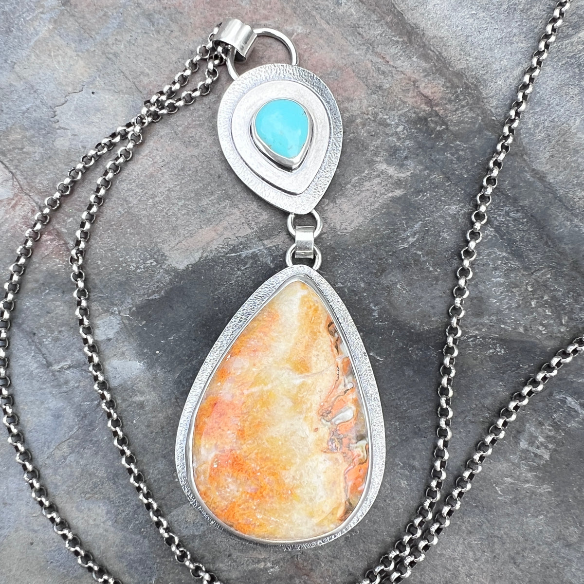 Sterling Silver Genuine Turquoise and Jasper Necklace | Natural Stone Teardrop Statement Pendant