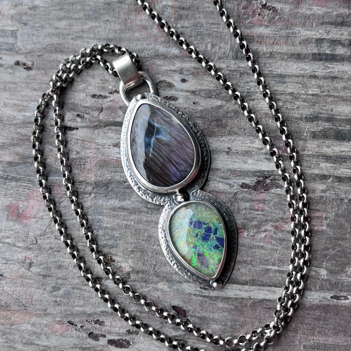 Sterling Silver Labradorite and Monarch Opal Pendant Necklace