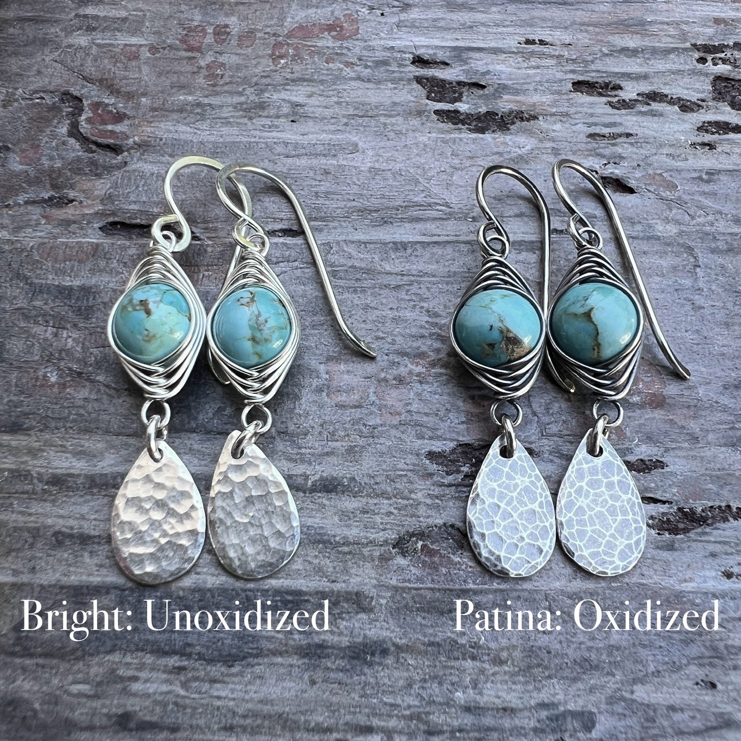 Genuine Turquoise Sterling Silver Earrings | Wire-wrapped Natural Stone and Hammered Teardrop Dangles