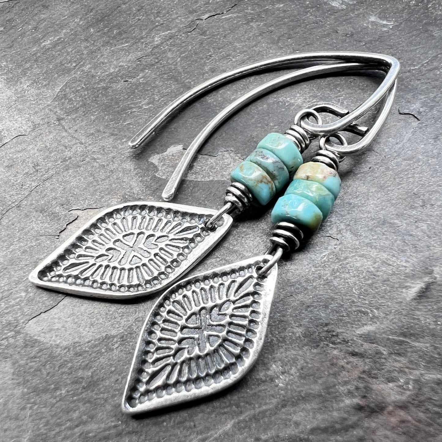 Genuine Turquoise Sterling Silver Earrings | Natural Stone Beads with Stamped Silver Dangle
