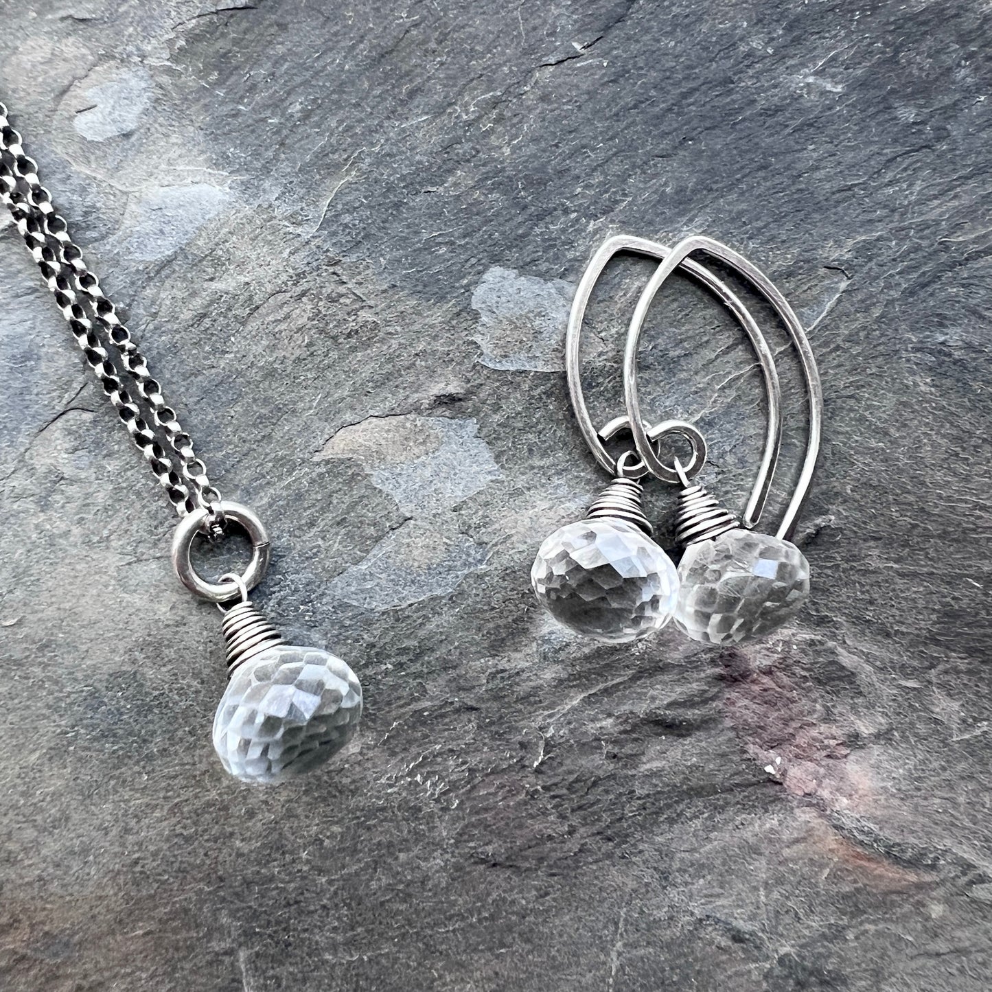 Sterling Silver Crystal Quartz Necklace | Clear Natural Stone Teardrop Pendant