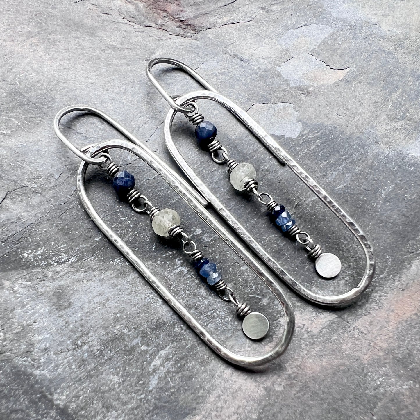 Genuine Sapphire Sterling Silver Earrings | Blue Natural Stone Hammered Oval Dangles