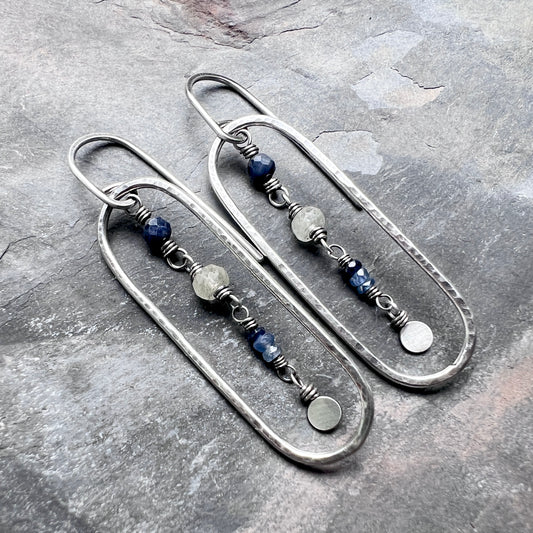 Genuine Sapphire Sterling Silver Earrings | Blue Natural Stone Hammered Oval Dangles