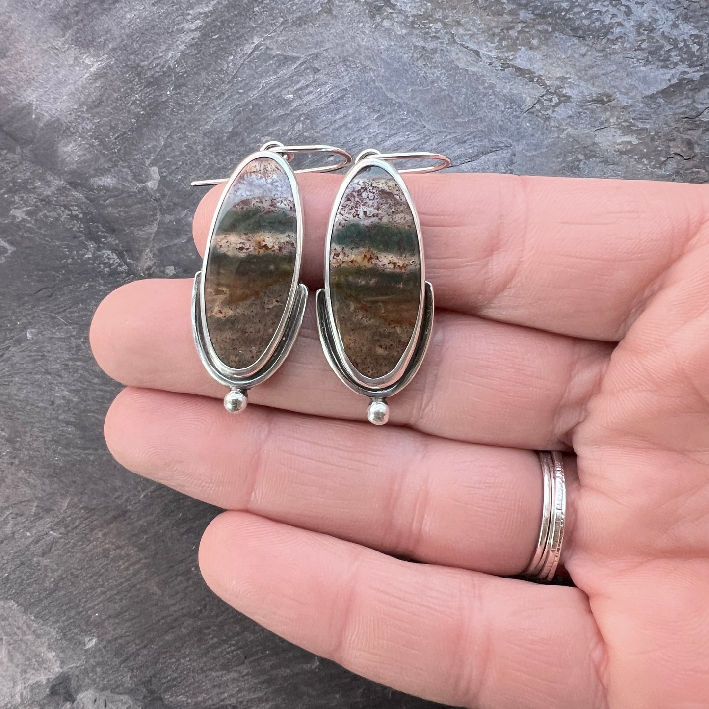 Jasper Sterling Silver Earrings | Green and Brown Natural Stone Dangle Earrings