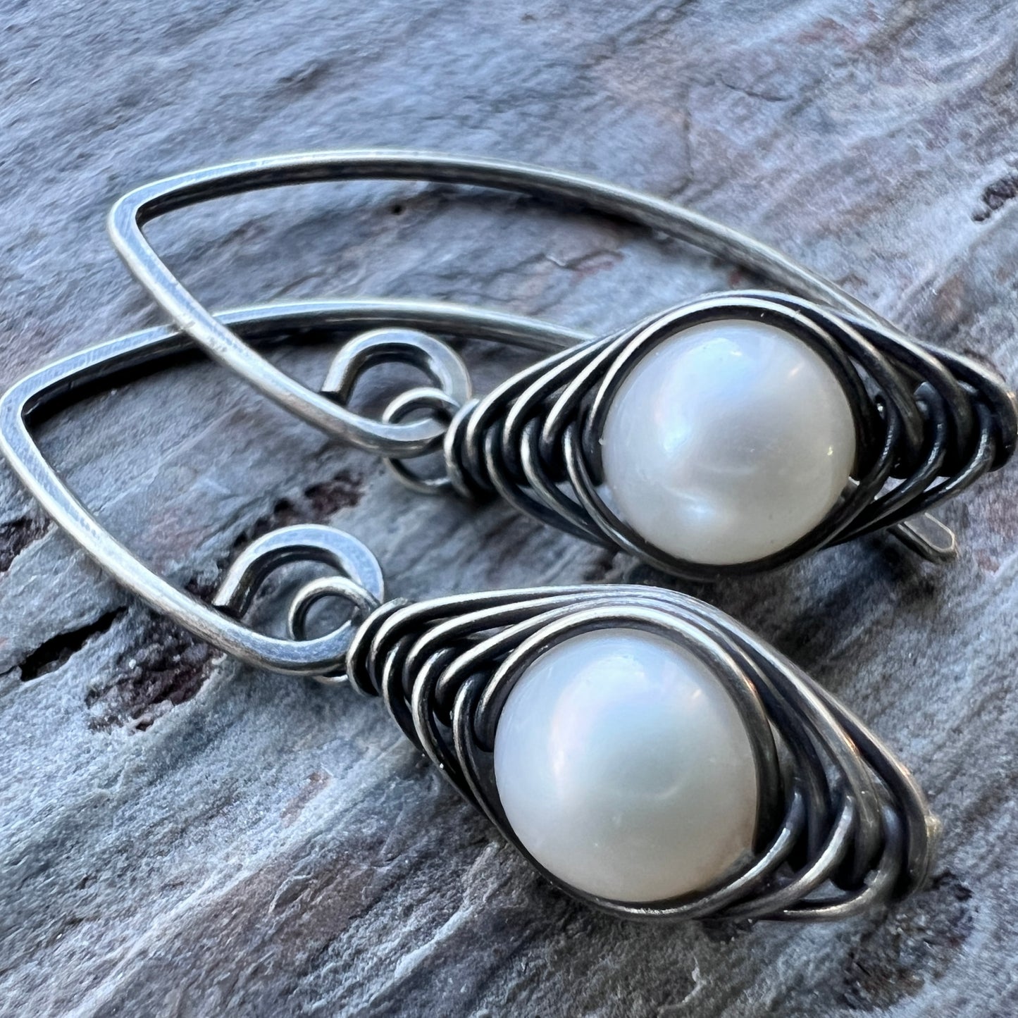 Sterling Silver Pearl Earrings | Genuine Freshwater Pearl Wire-wrapped Dangles