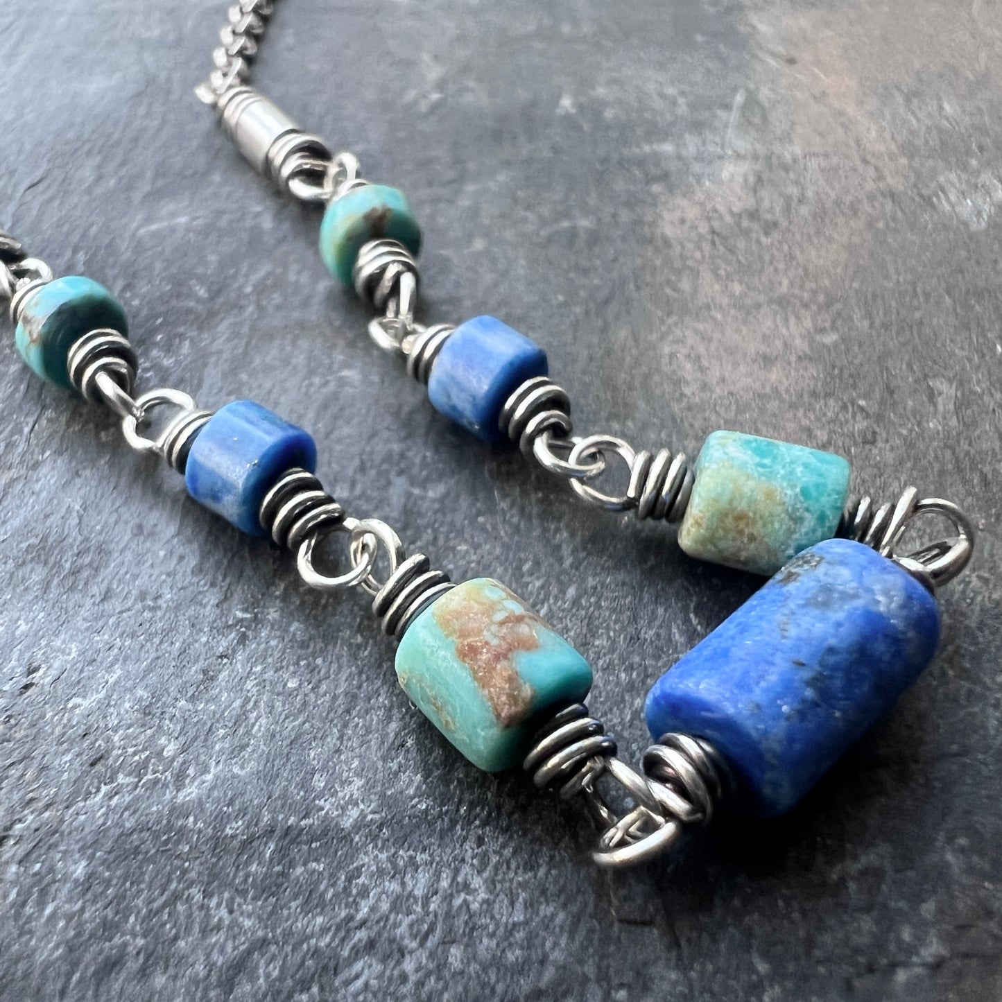 Genuine Turquoise and Lapis Lazuli Sterling Silver Necklace | Natural Stone Wire-wrapped Beaded Necklace