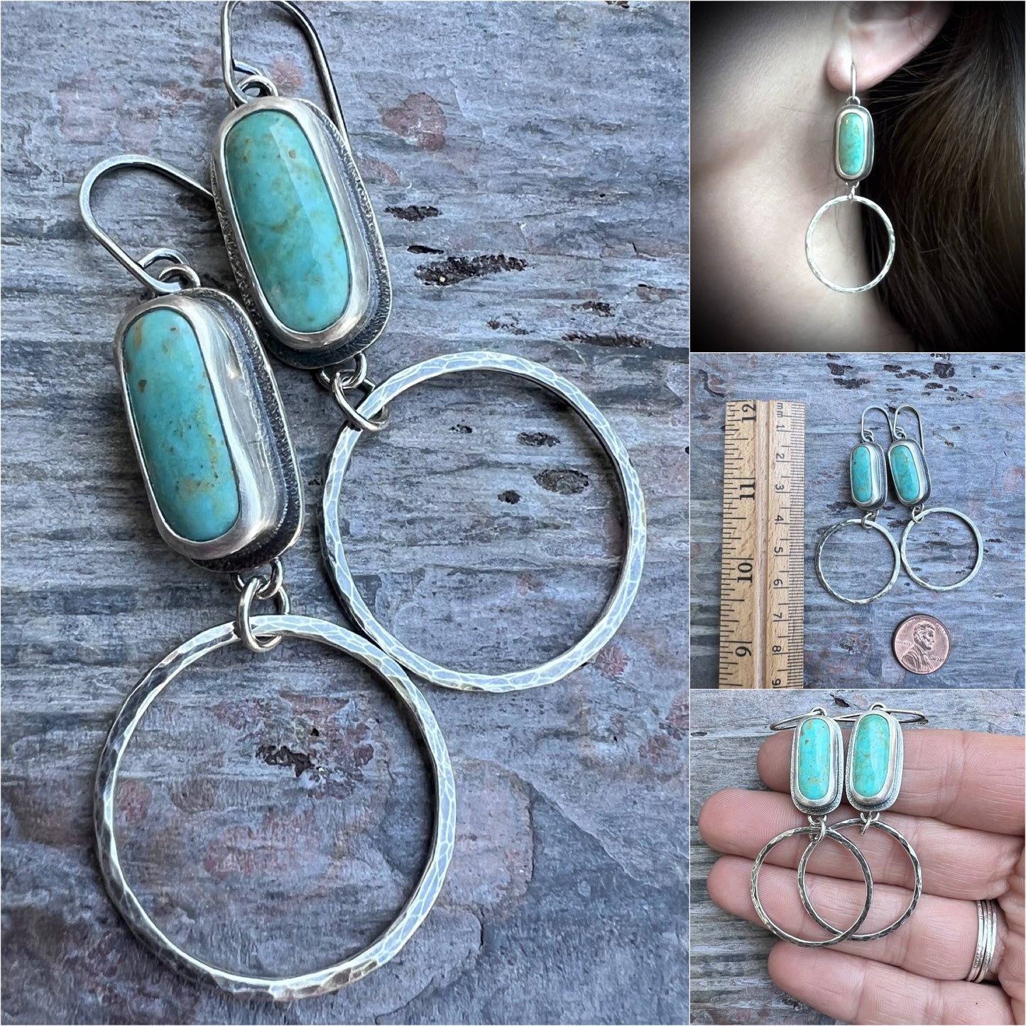 Turquoise Sterling Silver Earrings | Genuine Natural Turquoise and Hammered Hoops