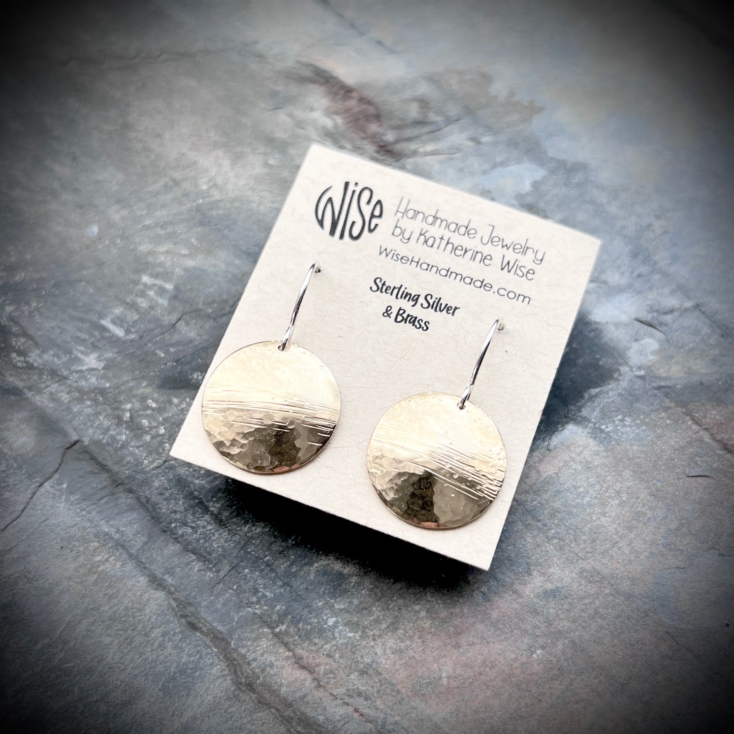 Brass and Sterling Silver Circle Earrings | Multi Textured Hammered Disc Dangles