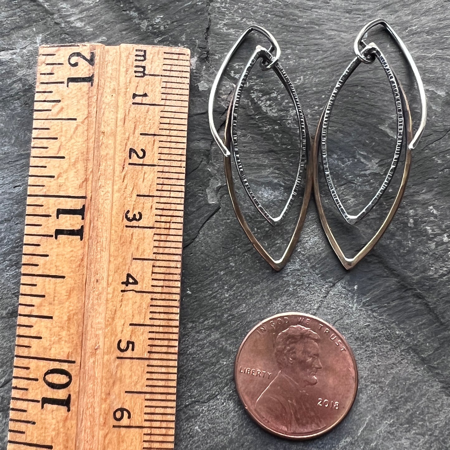 Sterling Silver and Brass Earrings | Mixed Metal Long Marquise Dangles