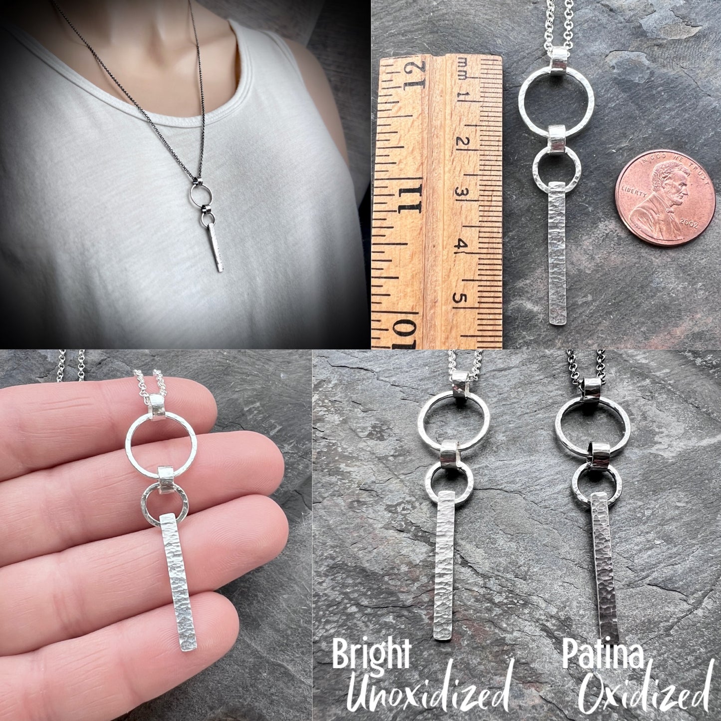 Sterling Silver Hammered Bar and Rings Necklace | Handmade Long Silver Pendant