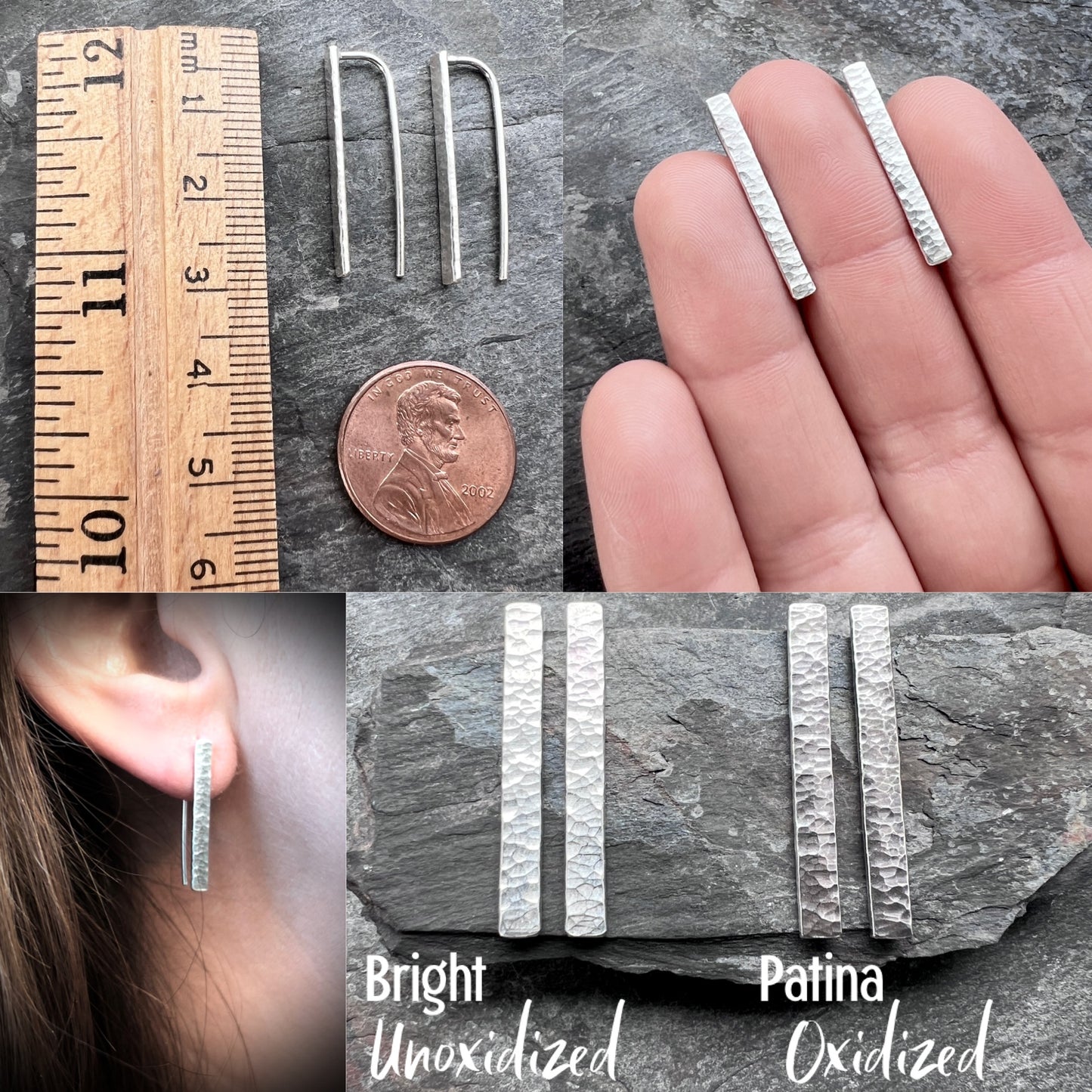 Sterling Silver Hammered Bar Earrings | Minimalist Silver Dangles