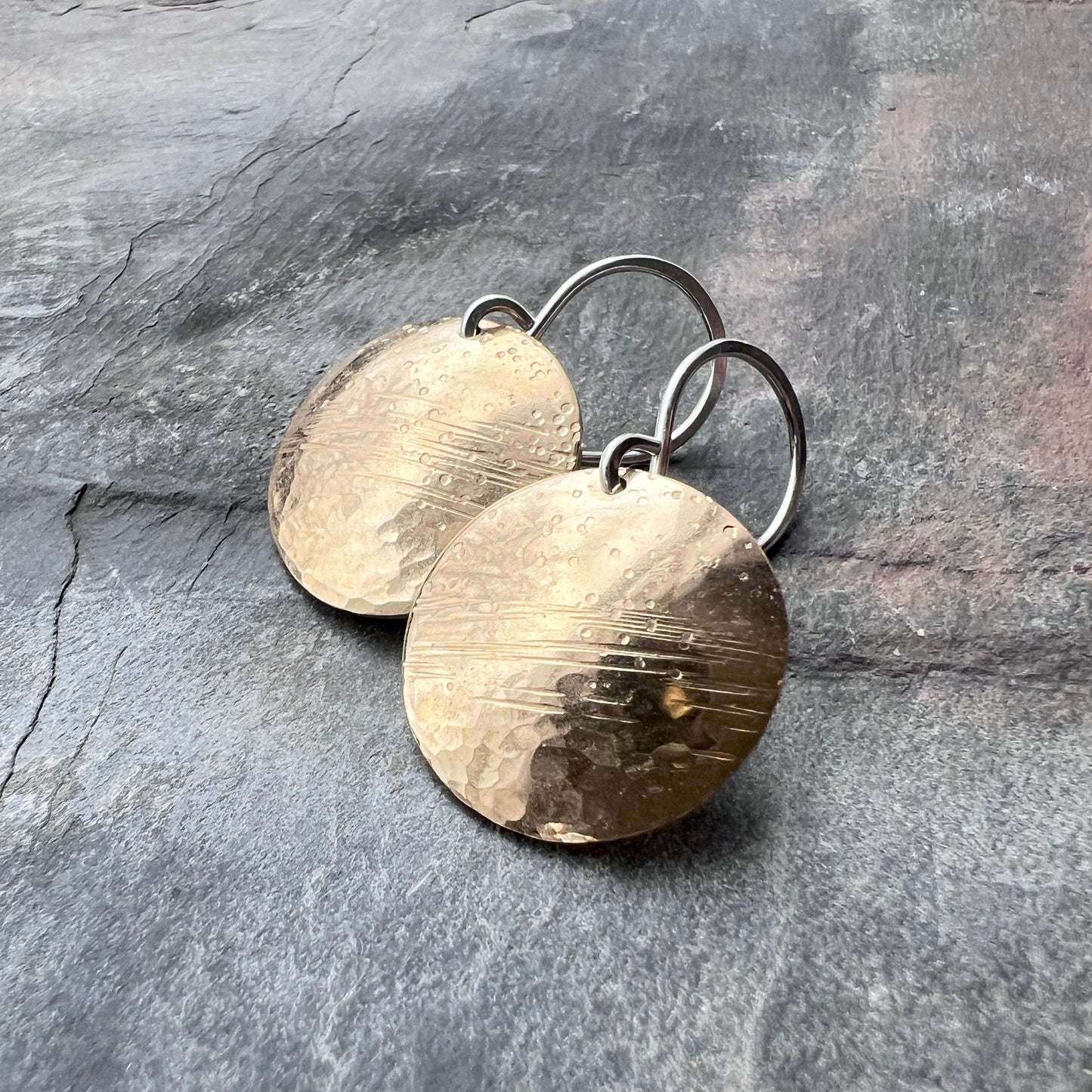 Brass and Sterling Silver Circle Earrings | Multi Textured Hammered Disc Dangles