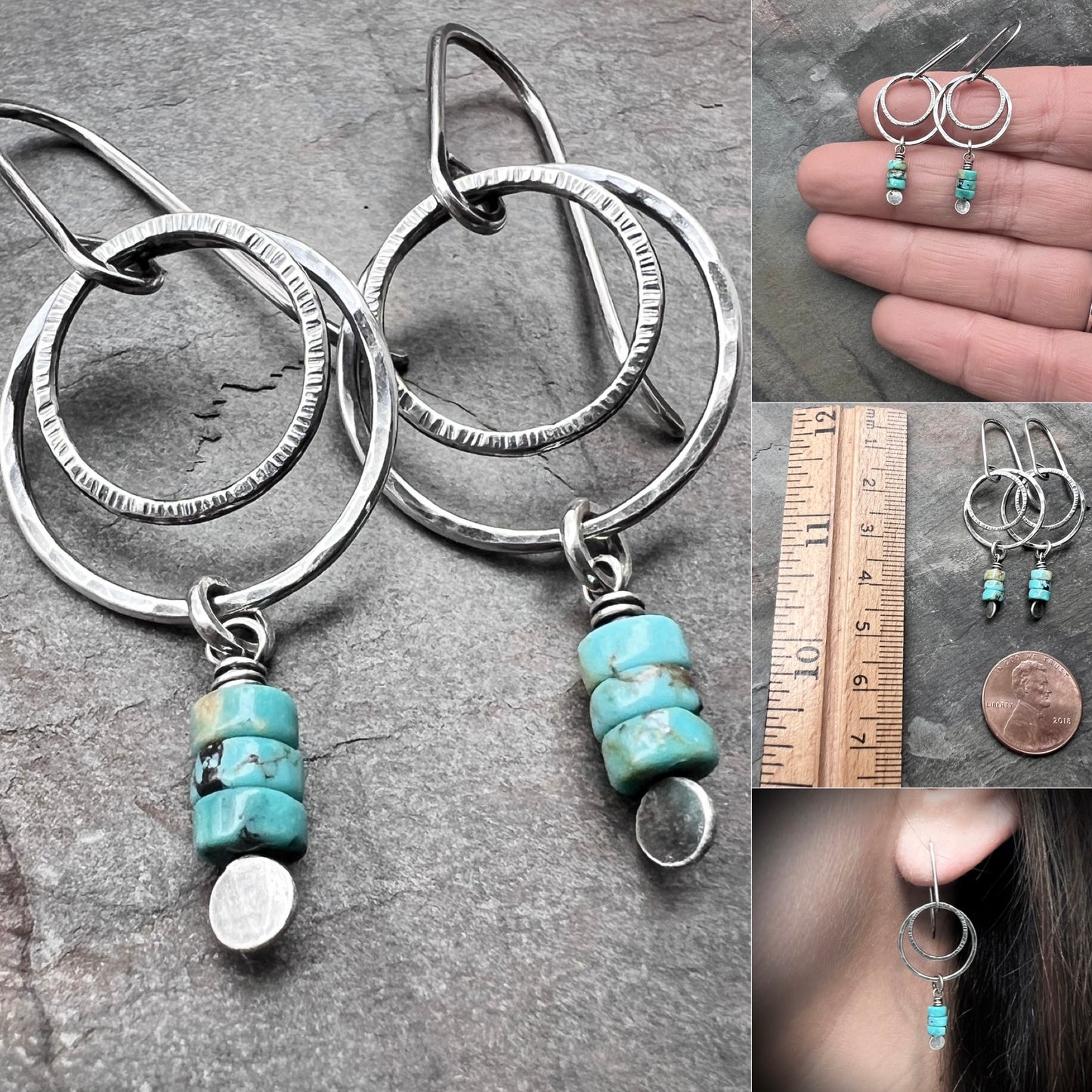 Sterling Silver Genuine Turquoise Earrings | Natural Stones on Hammered Silver Rings