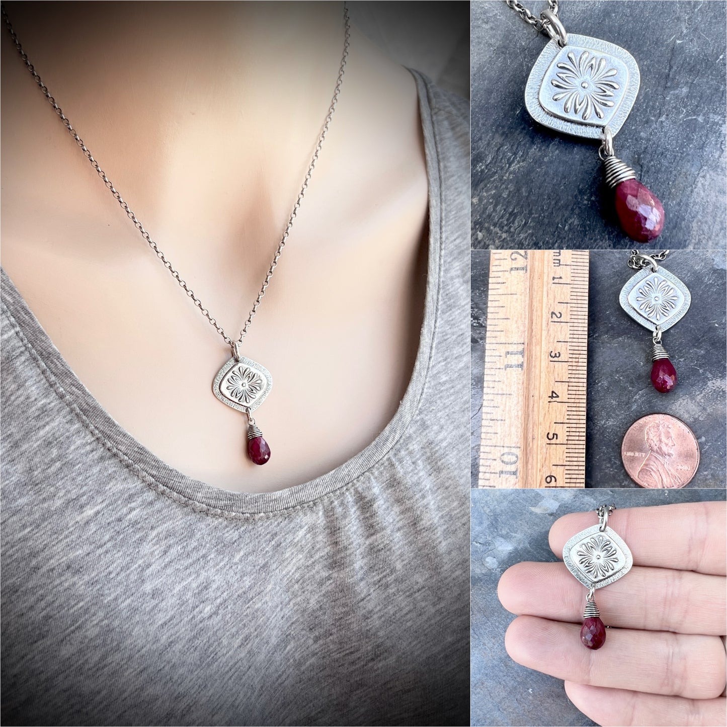 Genuine Ruby Sterling Silver Necklace | Flower Medallion and Ruby Red Teardrop Pendant