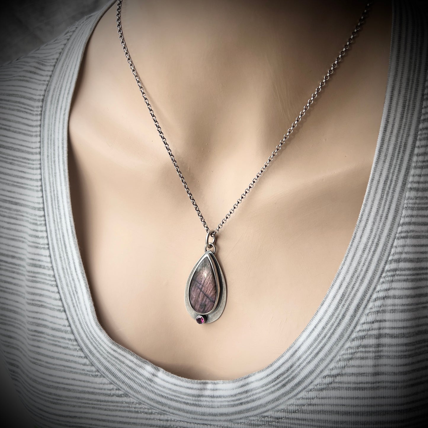 Sterling Silver Purple Labradorite and Rhodolite Garnet Necklace | Natural Stone Teardrop Pendant