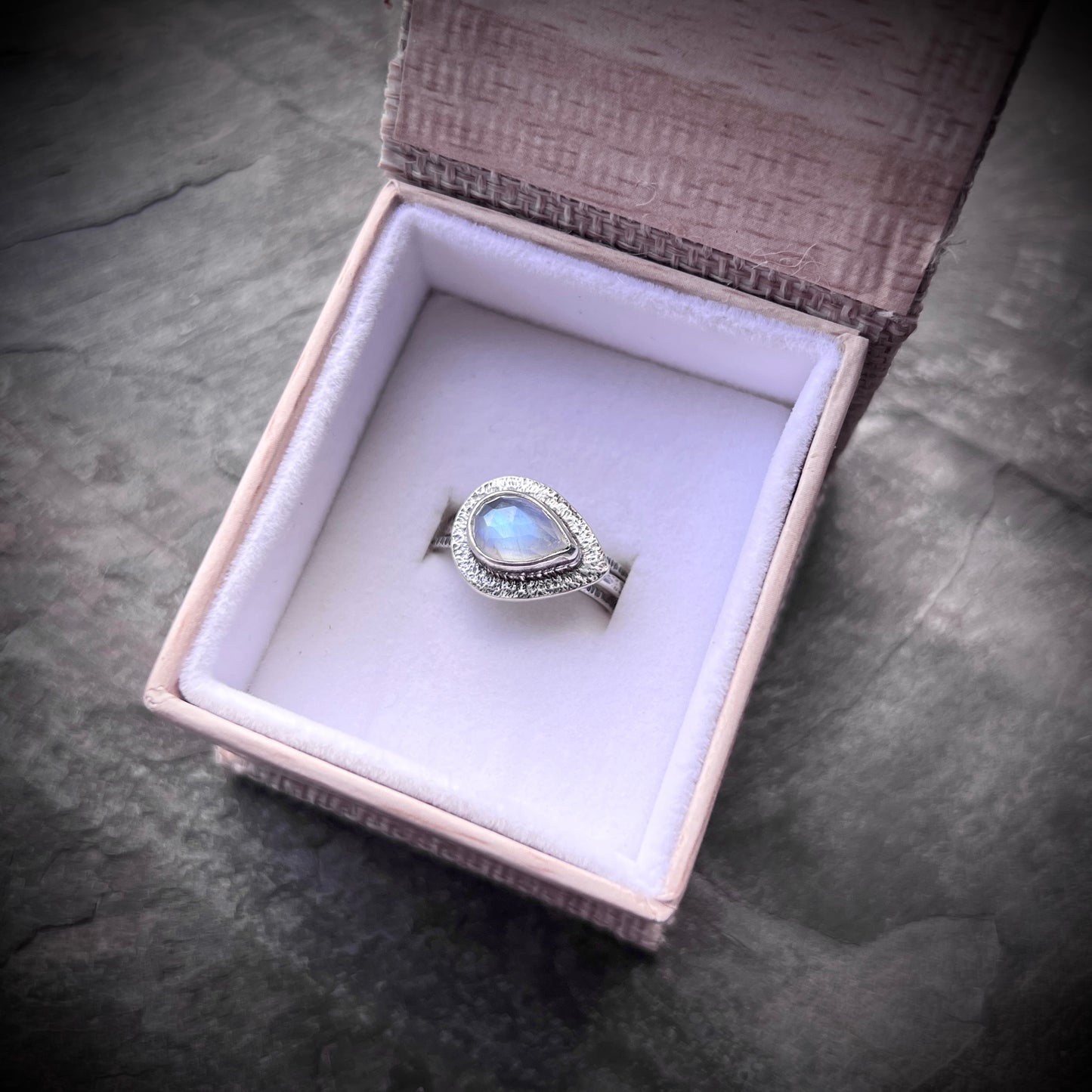 Sterling Silver Rainbow Moonstone Teardrop Skinny Stacking Ring Set - Size 8