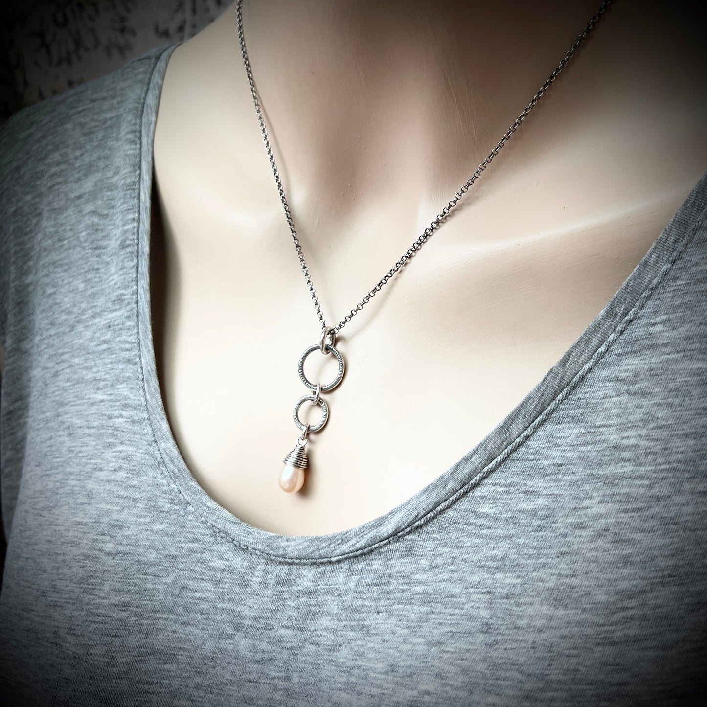 Sterling Silver Pearl Teardrop Necklace | Peach Pearl and Silver Rings Pendant