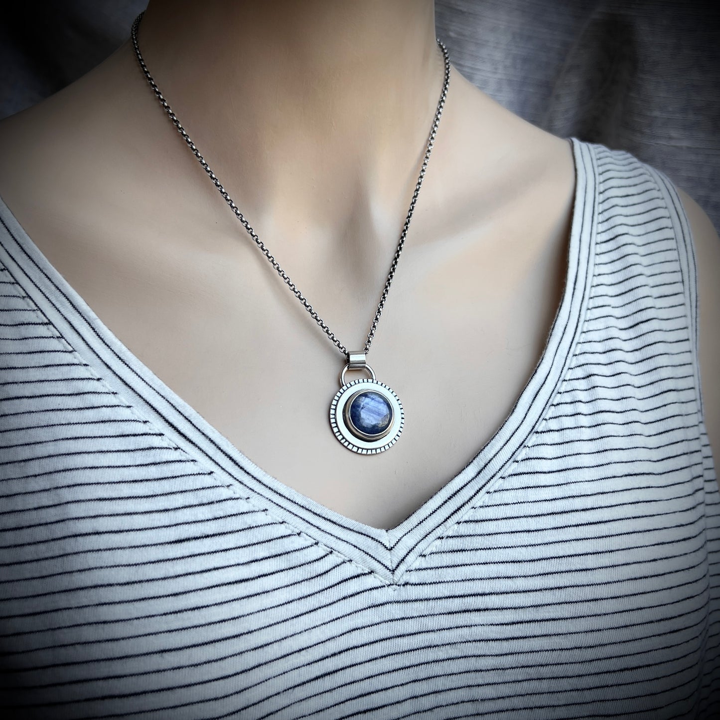 Sterling Silver Kyanite Necklace | Natural Stone Round Cabochon Pendant