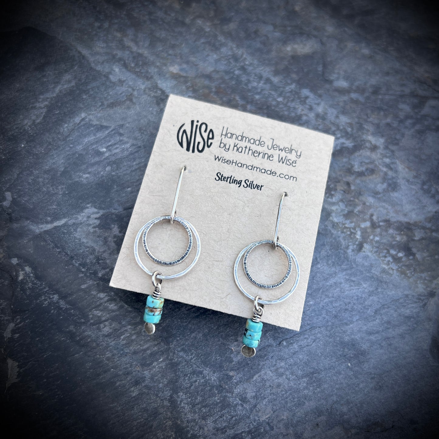 Sterling Silver Genuine Turquoise Earrings | Natural Stones on Hammered Silver Rings