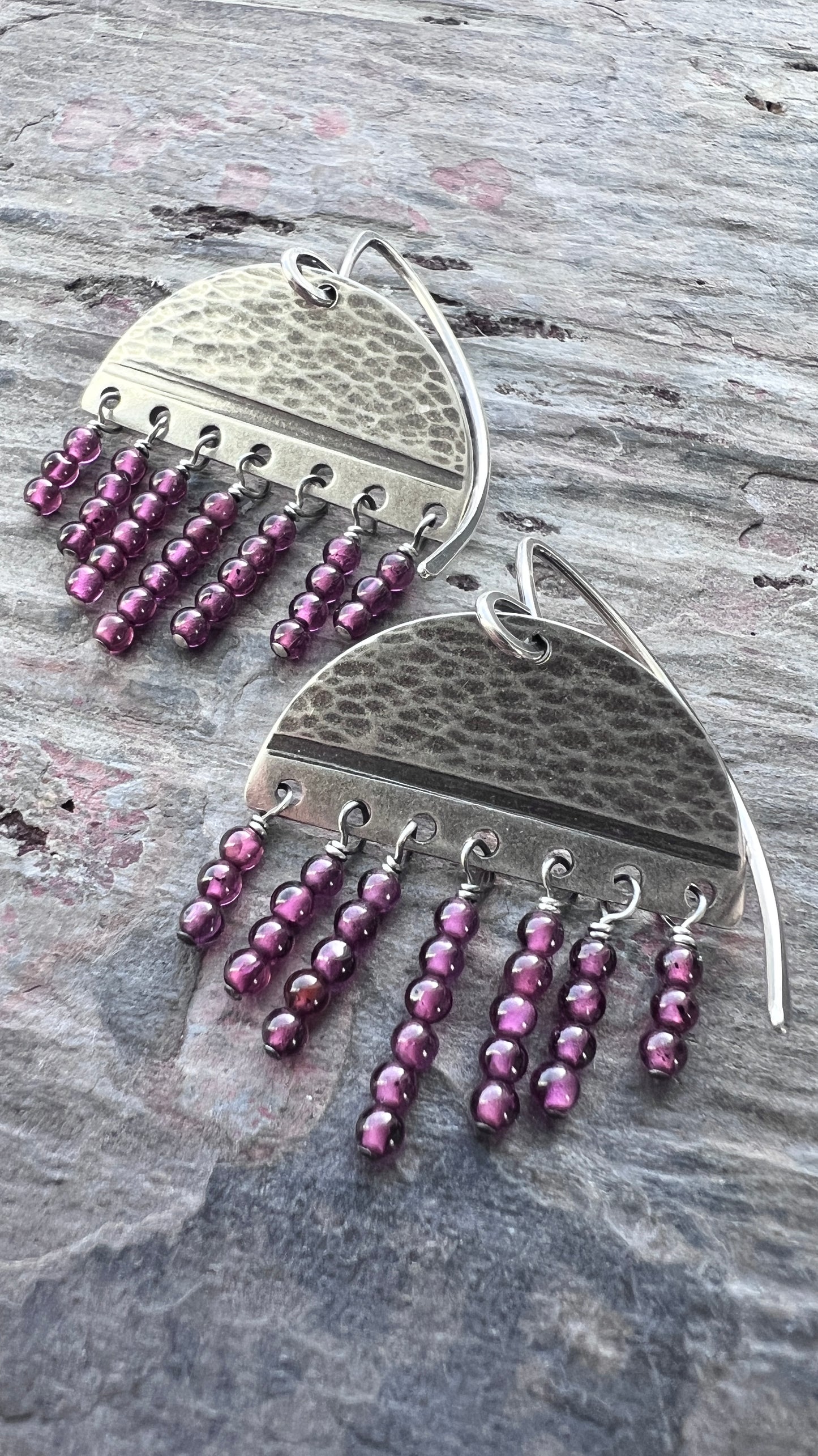 Garnet Sterling Silver Earrings | Hammered Silver and Genuine Garnet Fringe Dangles