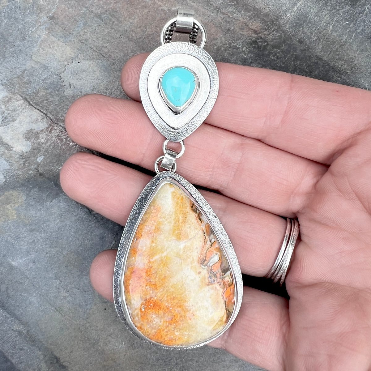 Sterling Silver Genuine Turquoise and Jasper Necklace | Natural Stone Teardrop Statement Pendant
