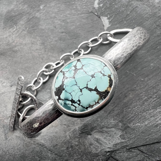 Sterling Silver Turquoise Bracelet | Genuine Natural Turquoise Hammered Cuff with Toggle Clasp