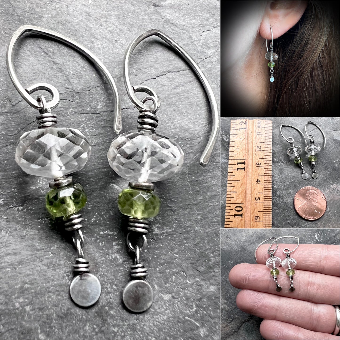 Sterling Silver Peridot and Crystal Quartz Earrings | Green and Clear Natural Stone Dangles