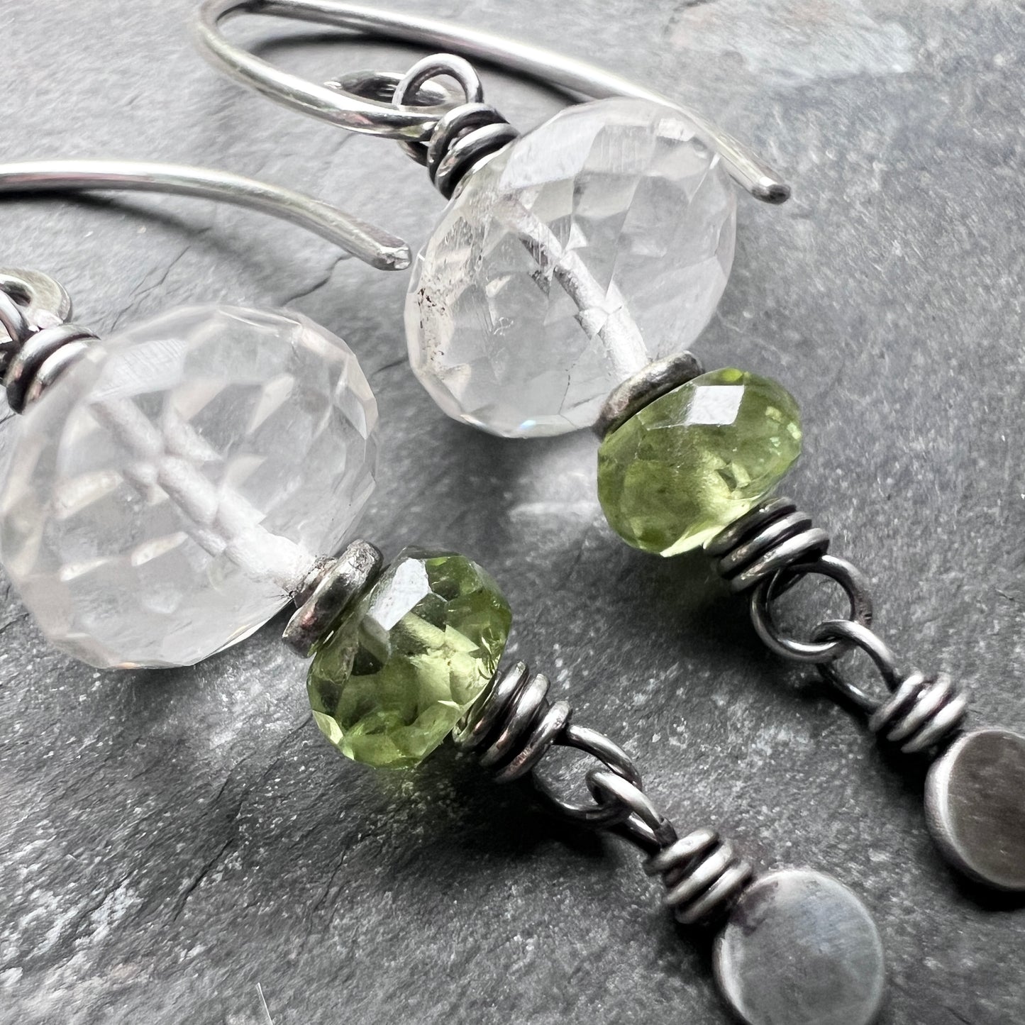 Sterling Silver Peridot and Crystal Quartz Earrings | Green and Clear Natural Stone Dangles
