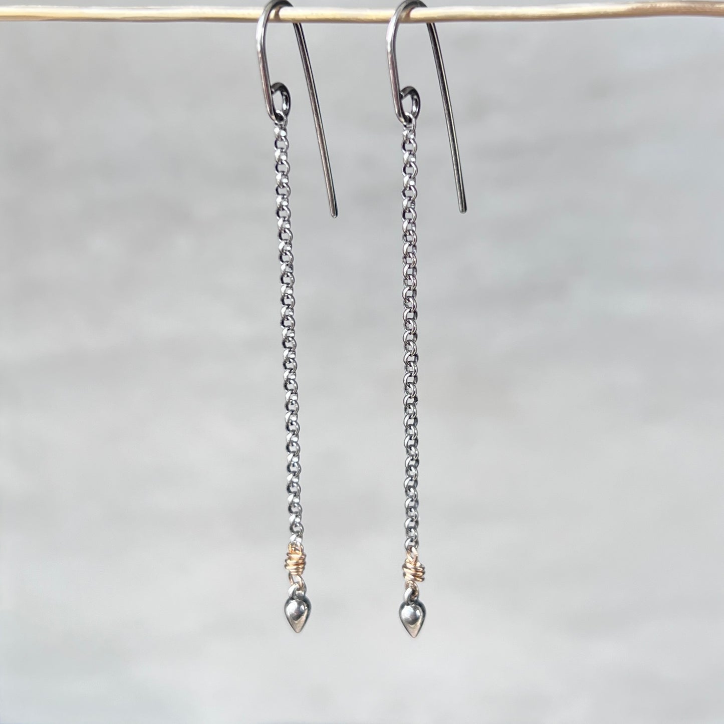 Sterling Silver and 14k Goldfill Long Drop Earrings | Mixed Metal Gold and Silver Tiny Spike on Chain Earrings