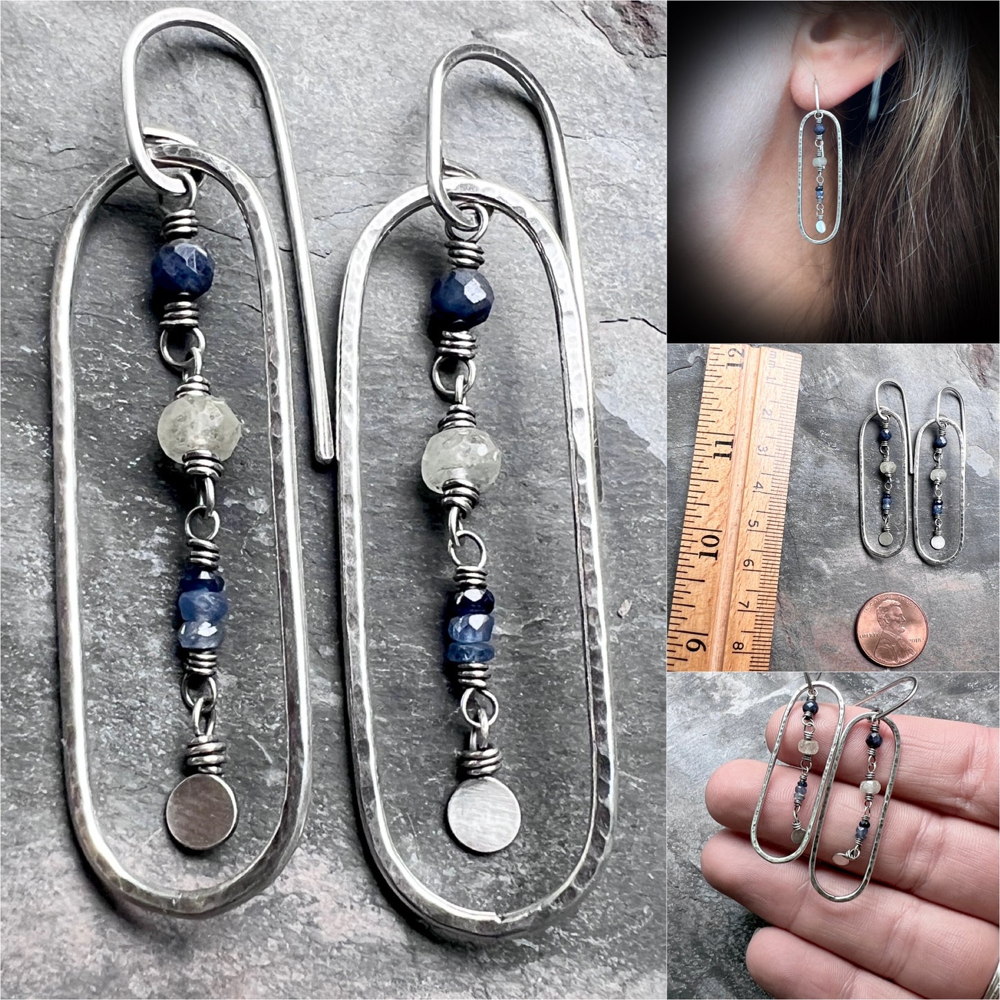 Genuine Sapphire Sterling Silver Earrings | Blue Natural Stone Hammered Oval Dangles