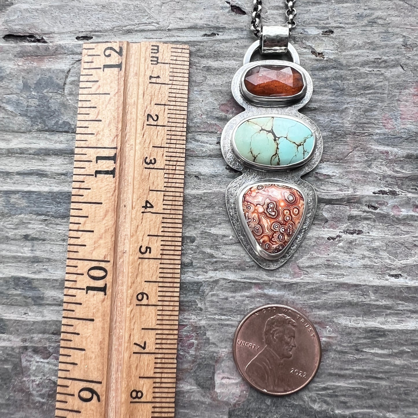 Ocean Jasper, Turquoise, and Orange Kyanite Sterling Silver Necklace | Artisan One-of-a-kind Natural Stone Pendant