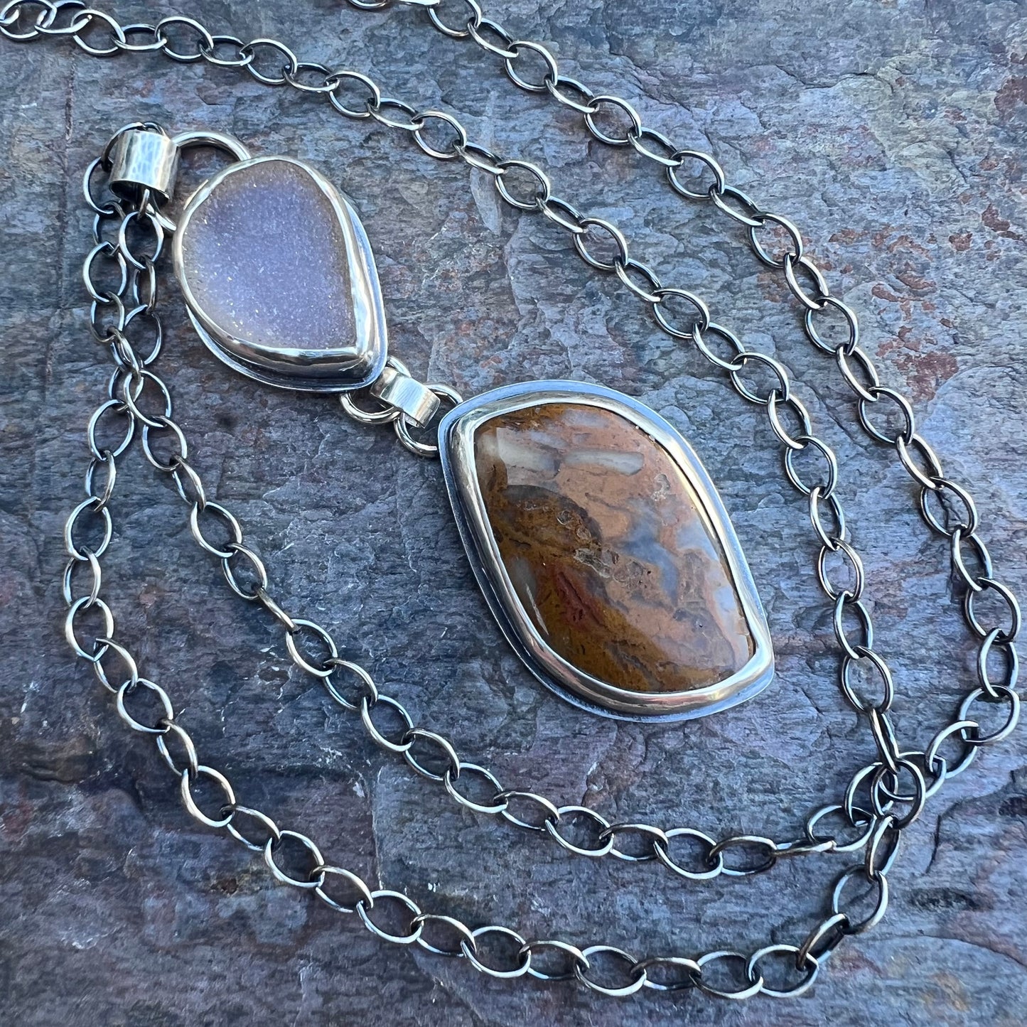 Sterling Silver Ocean Jasper and Druzy Necklace - Handmade One-of-a-kind Pendant on Sterling Silver Chain