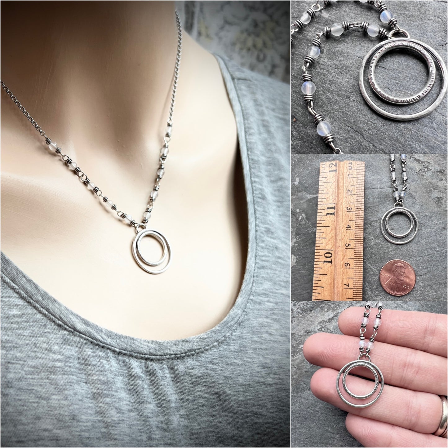 Rainbow Moonstone Sterling Silver Necklace | Wire-wrapped White Stones with Hammered Silver Rings Pendant