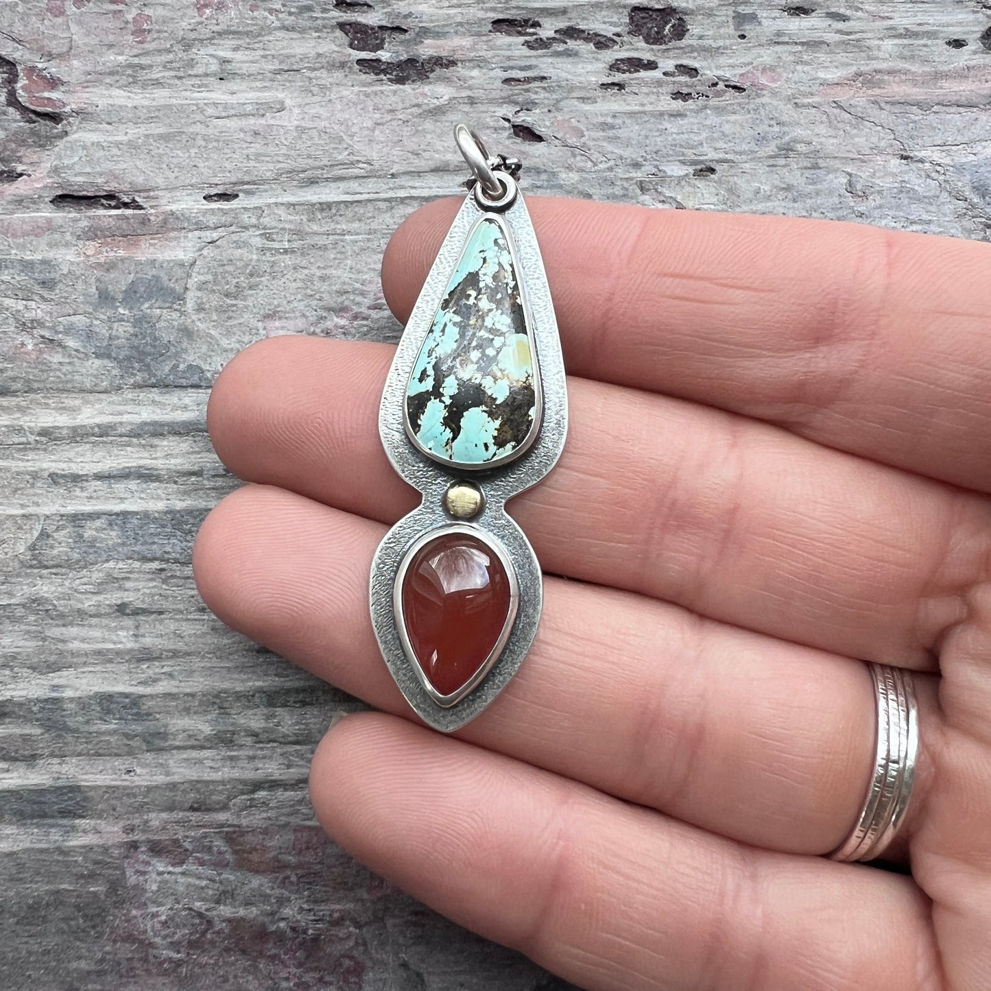 Genuine Turquoise and Carnelian Sterling Silver Necklace | One-of-a-kind Teardrop Pendant (#3)