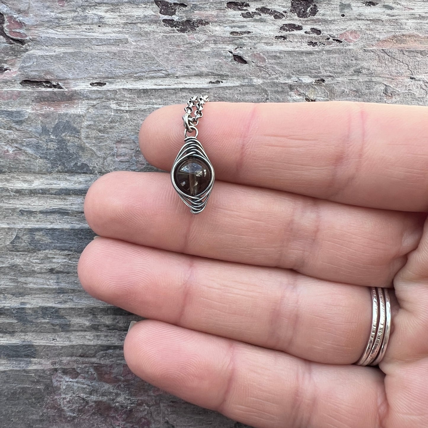 Sterling Silver Smoky Quartz Necklace | Natural Stone Wire-wrapped Pendant