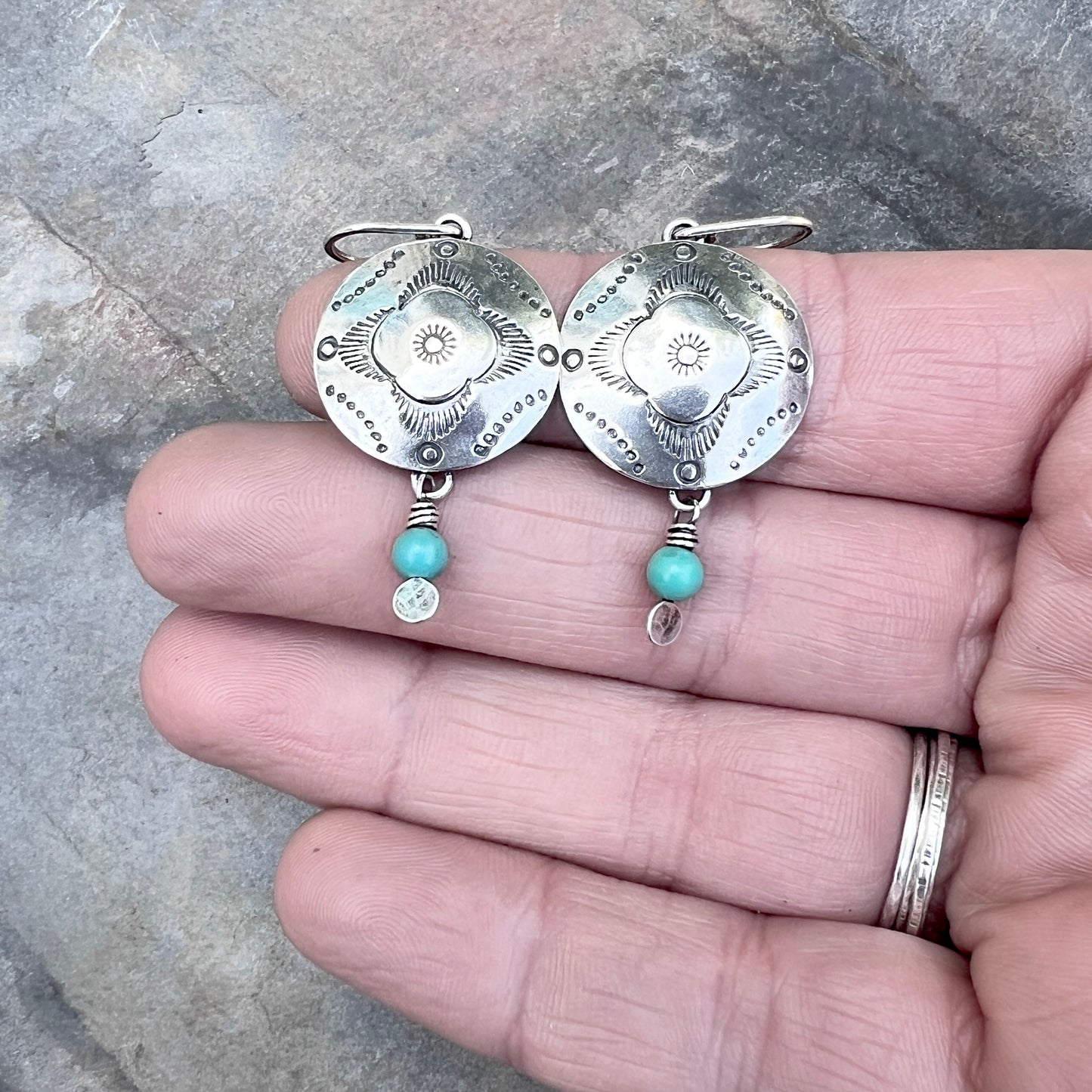 Sterling Silver Turquoise Earrings | Stamped Dangle Earrings with Genuine Turquoise Stone Beads