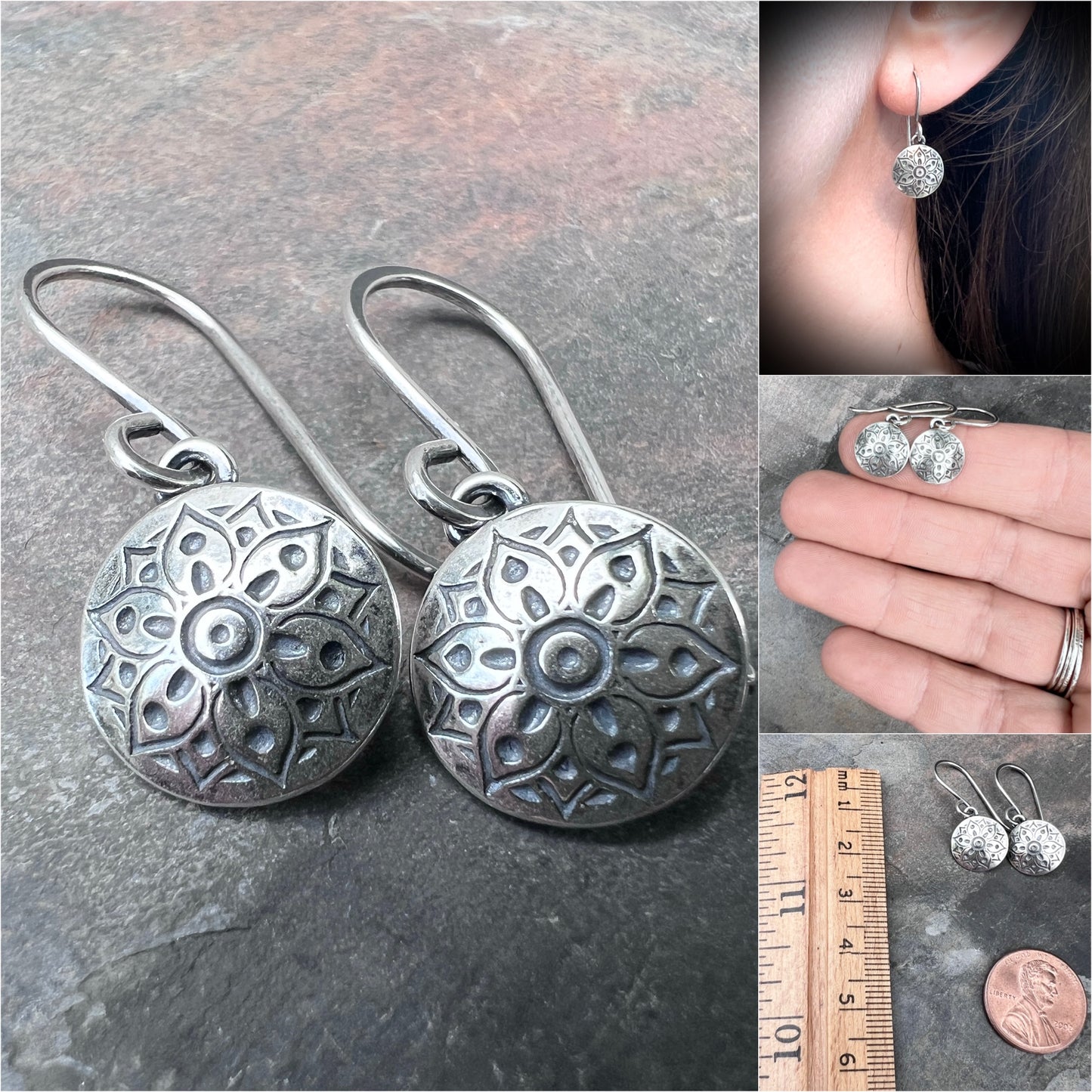 Sterling Silver Small Flower Medallion Earrings | Stamped Silver Circle Dangles
