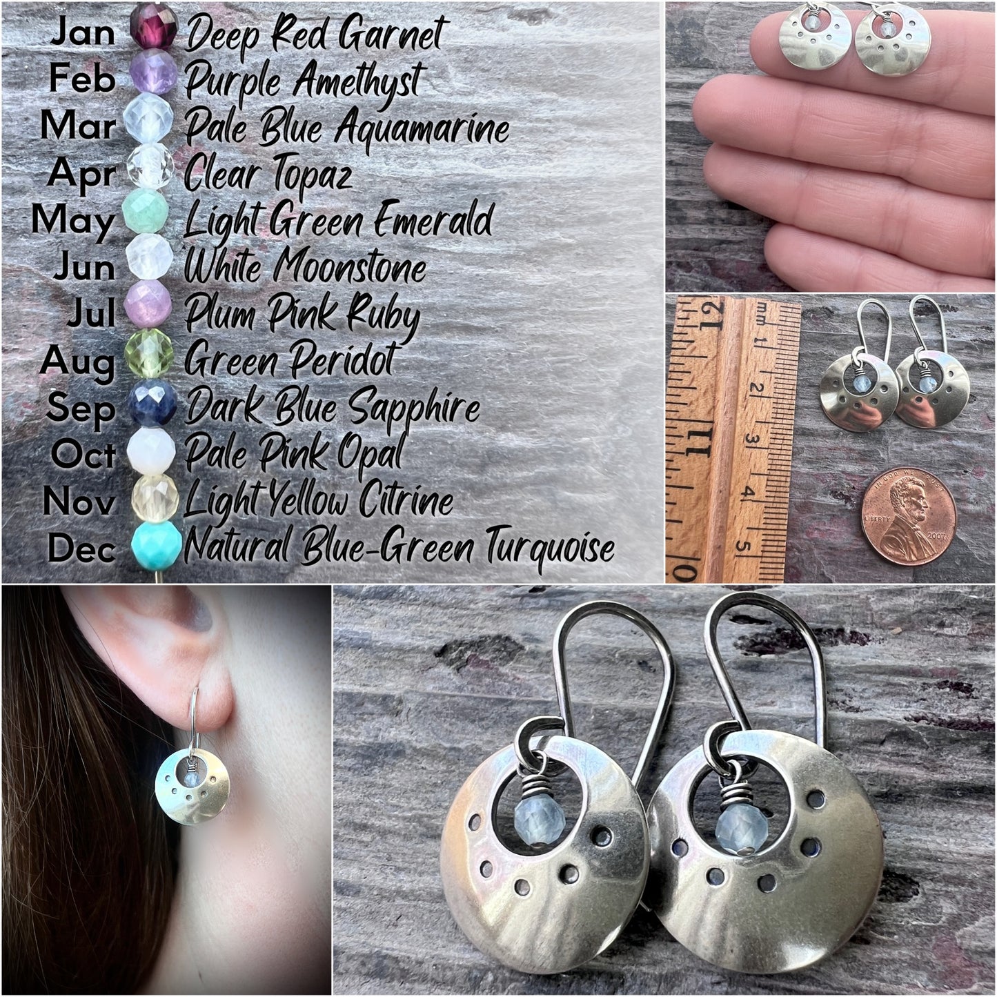 Customizable Sterling Silver Birthstone Earrings | Genuine Gemstone and Stamped Circle Dangle Earrings