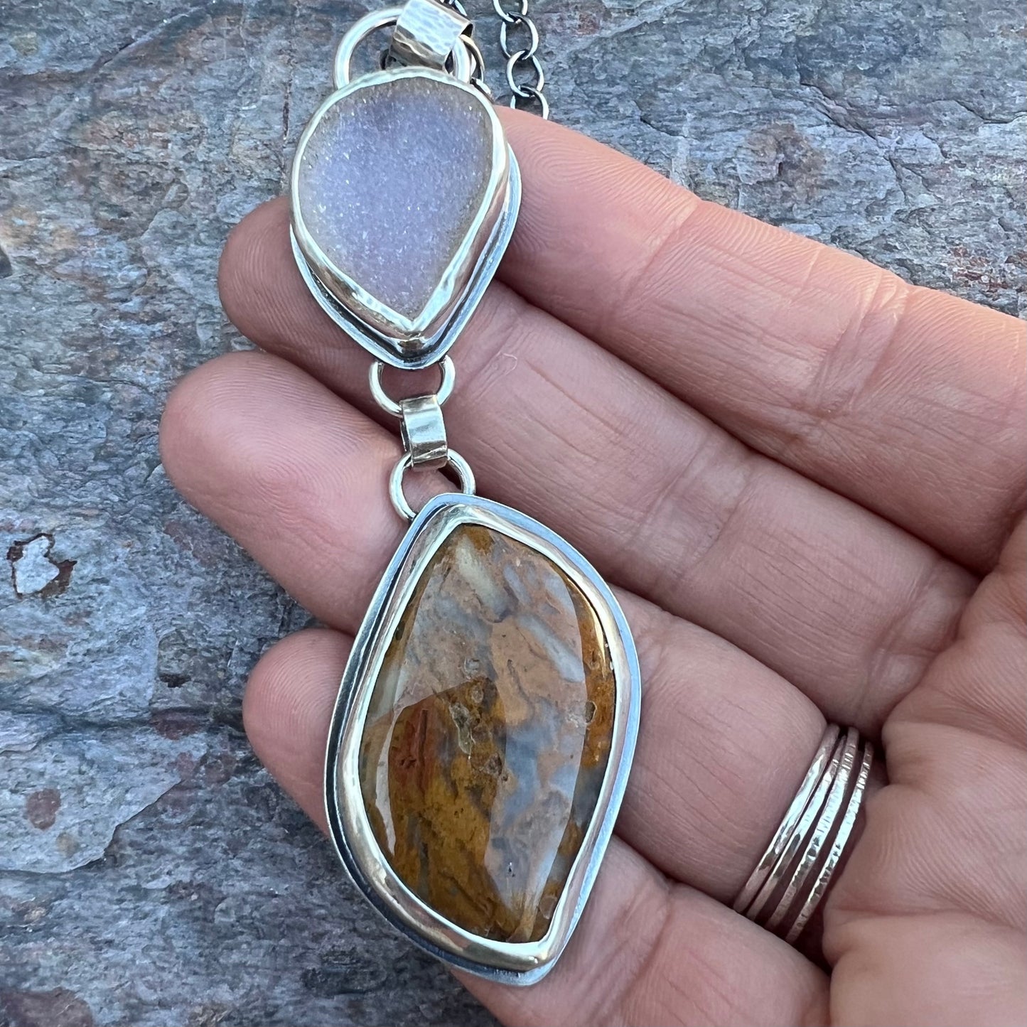 Sterling Silver Ocean Jasper and Druzy Necklace - Handmade One-of-a-kind Pendant on Sterling Silver Chain