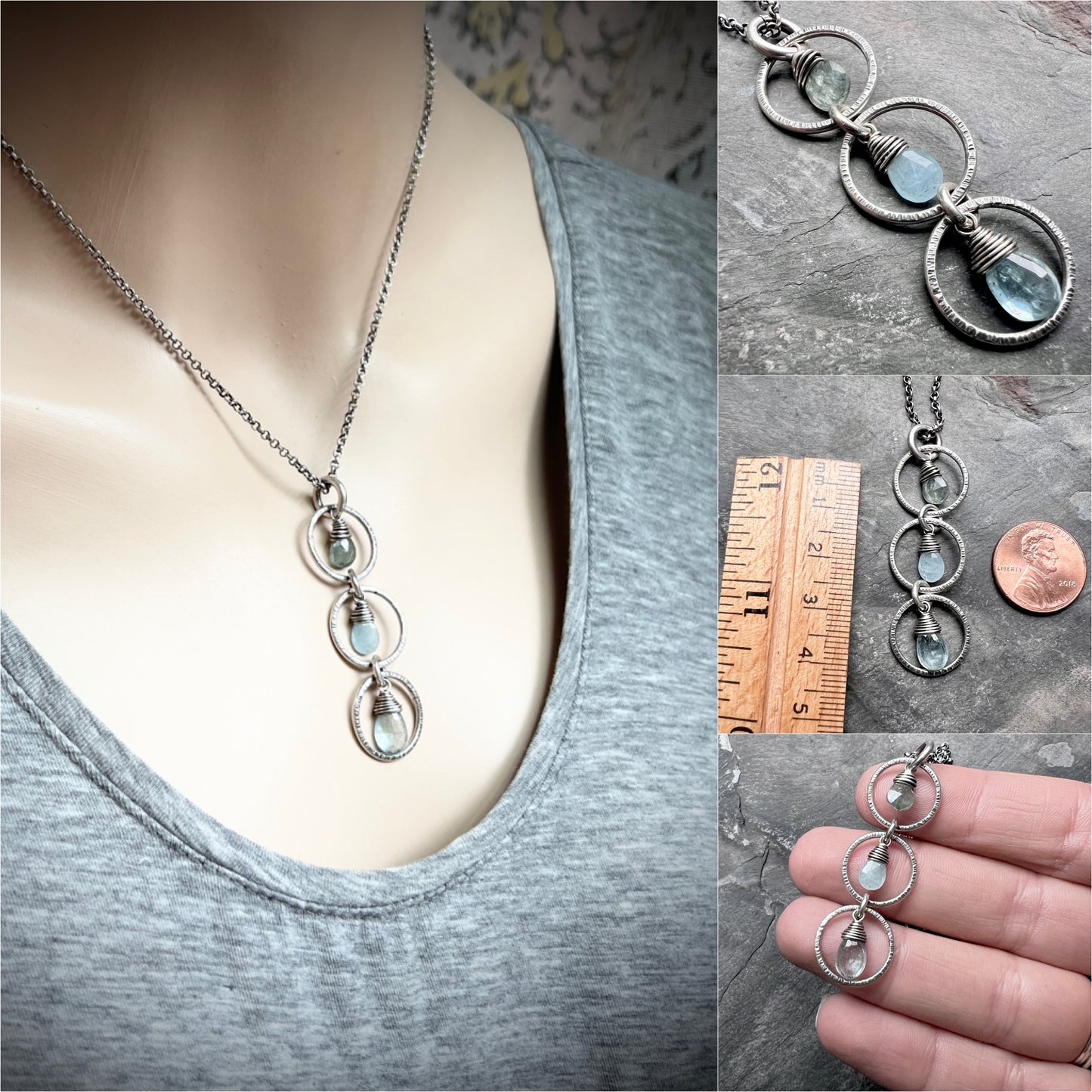 Genuine Aquamarine Sterling Silver Necklace | Aquamarine Stones in Hammered Rings Pendant