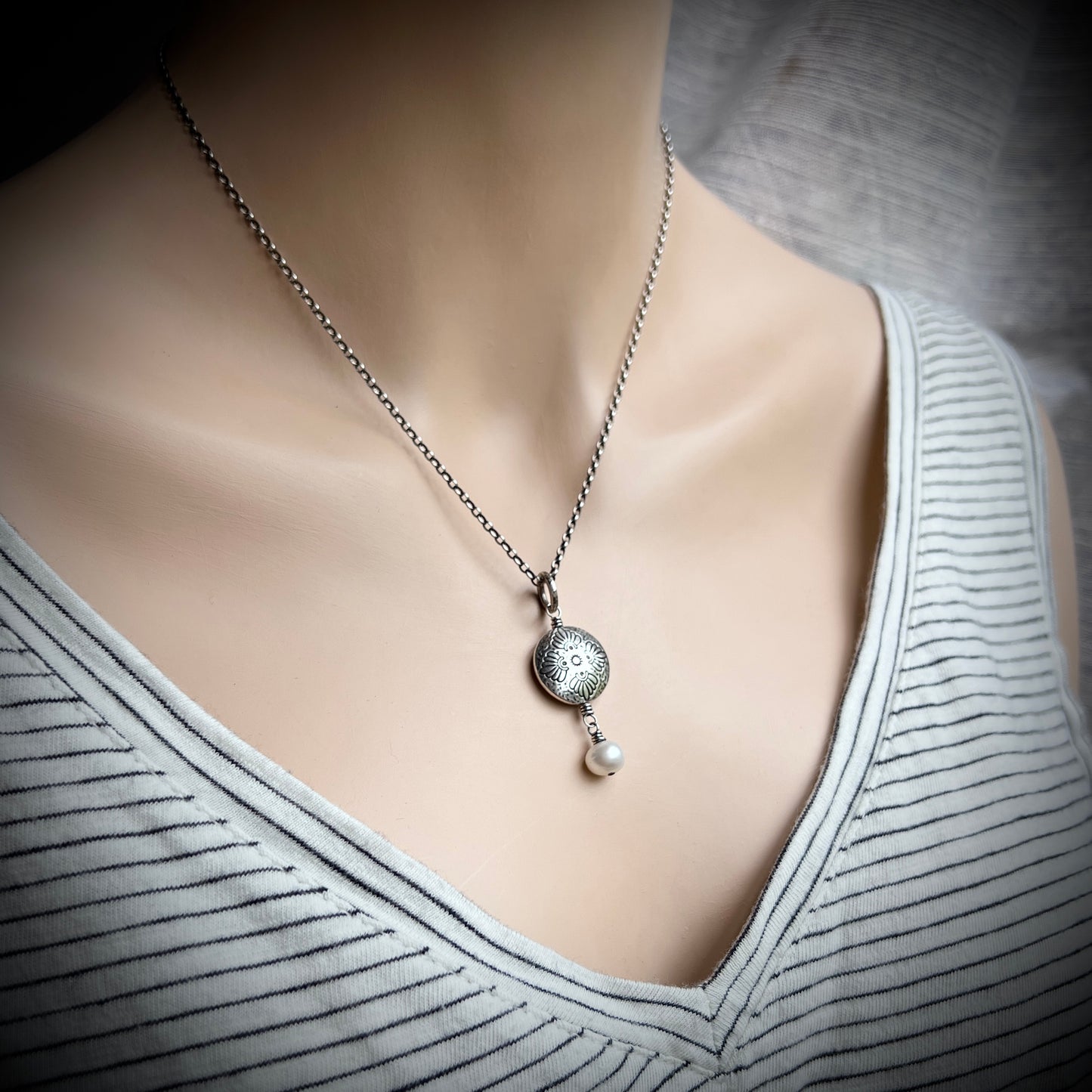 Sterling Silver Pearl Necklace | Floral Medallion and Genuine Pearl Pendant