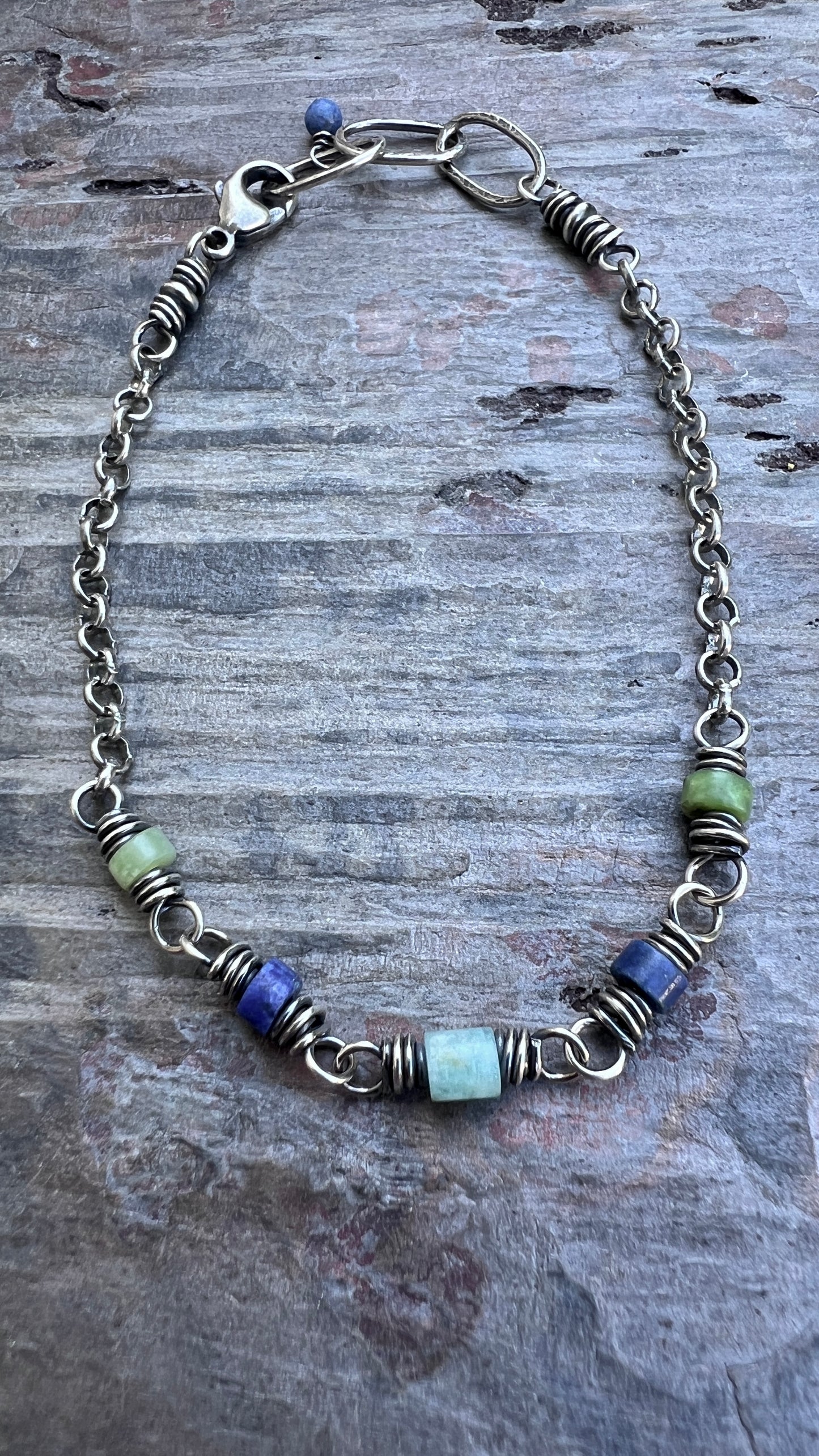 Sterling Silver Genuine Stone Bracelet | Amazonite, Lapis Lazuli, and Chrysoprase with Hammered Oval Links