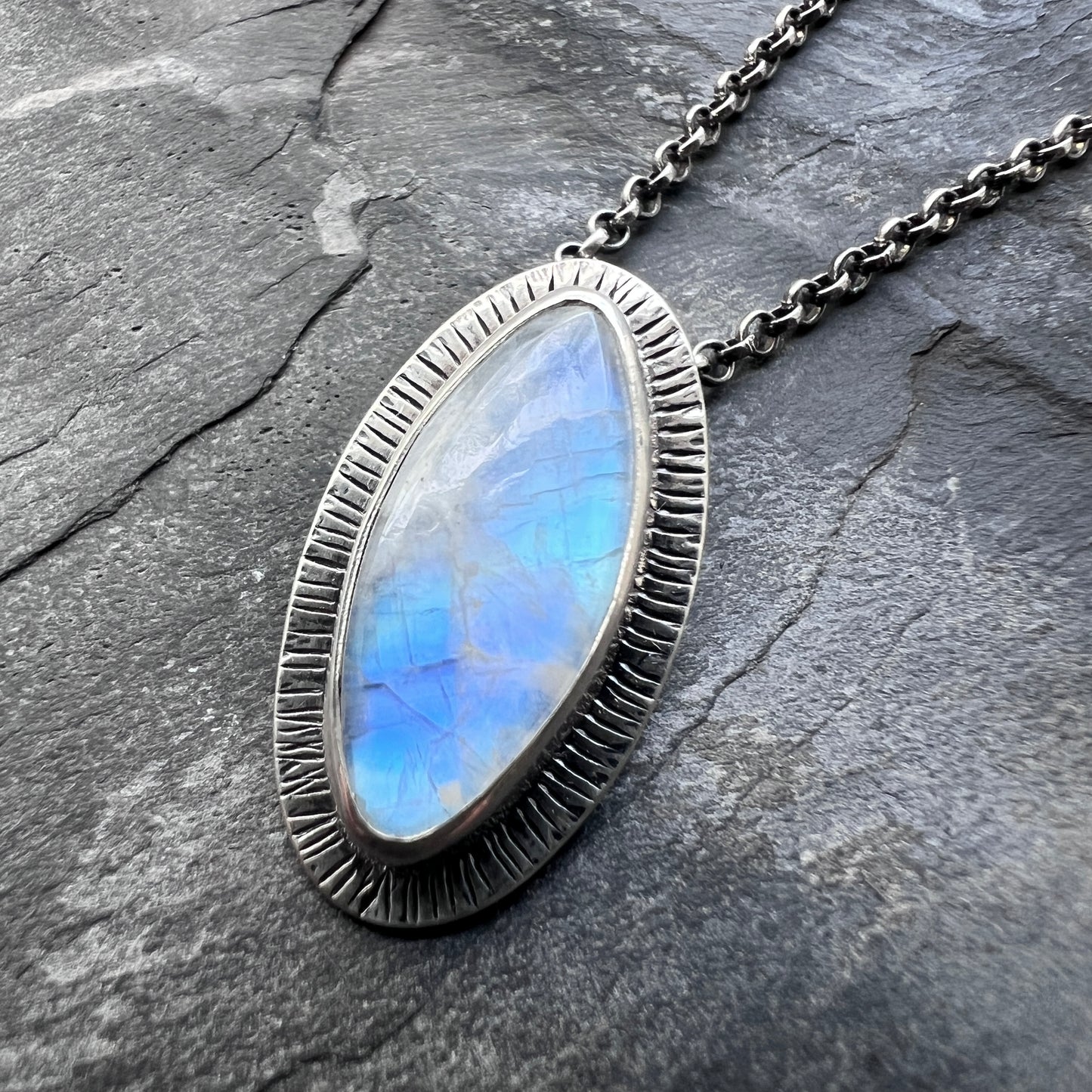 Sterling Silver Rainbow Moonstone Necklace | One-of-a-Kind Natural Stone Marquise Pendant