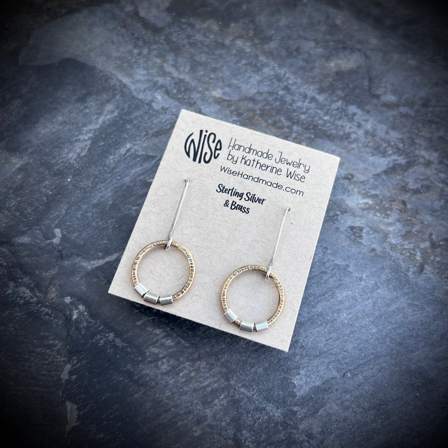 Sterling Silver and Brass Dangle Earrings | Mixed Metal Golden Brass Circles with Silver Beads