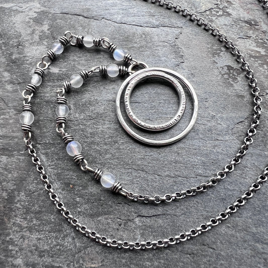 Rainbow Moonstone Sterling Silver Necklace | Wire-wrapped White Stones with Hammered Silver Rings Pendant