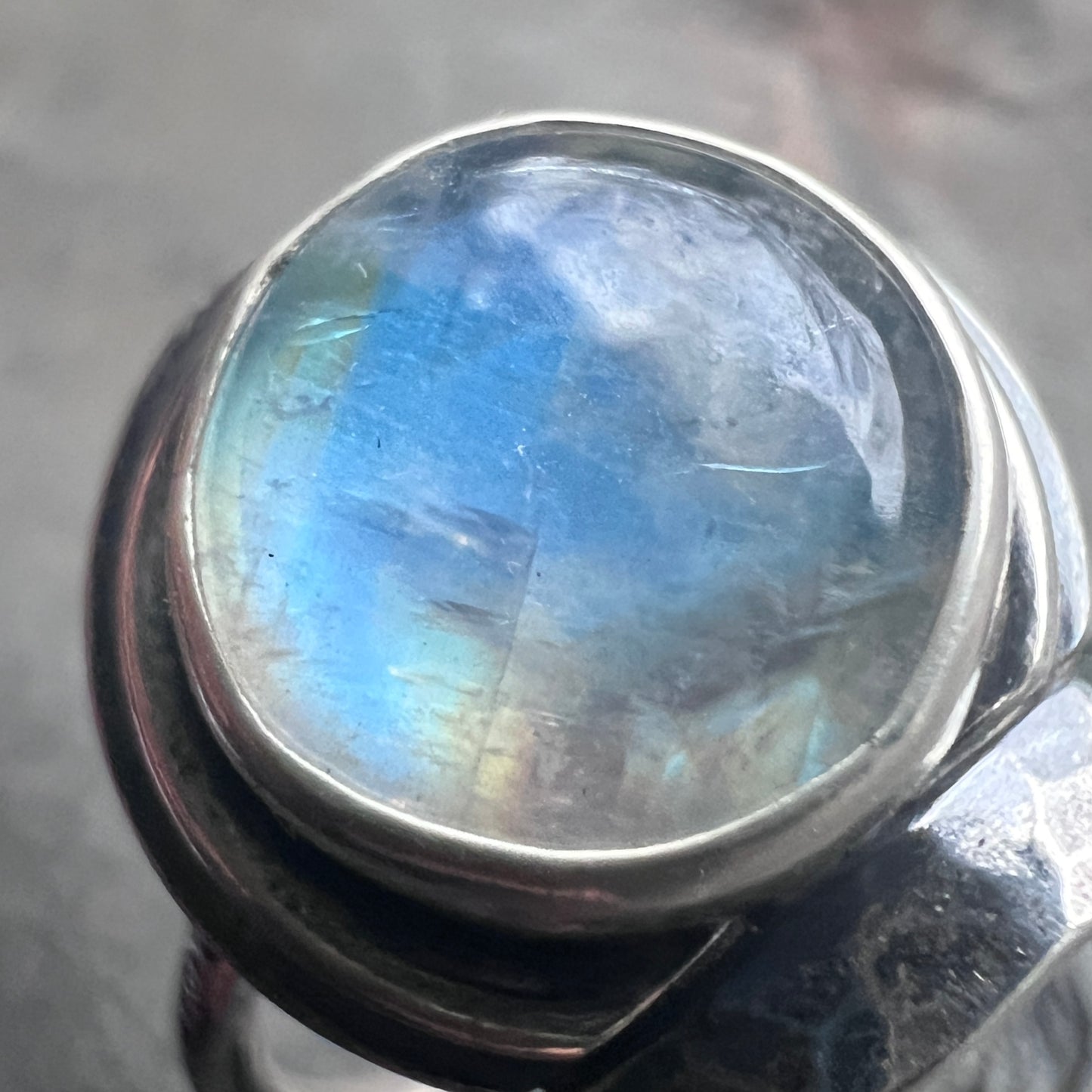 Sterling Silver Rainbow Moonstone Ring | Round Natural Stone Cabochon Ring - Size 9
